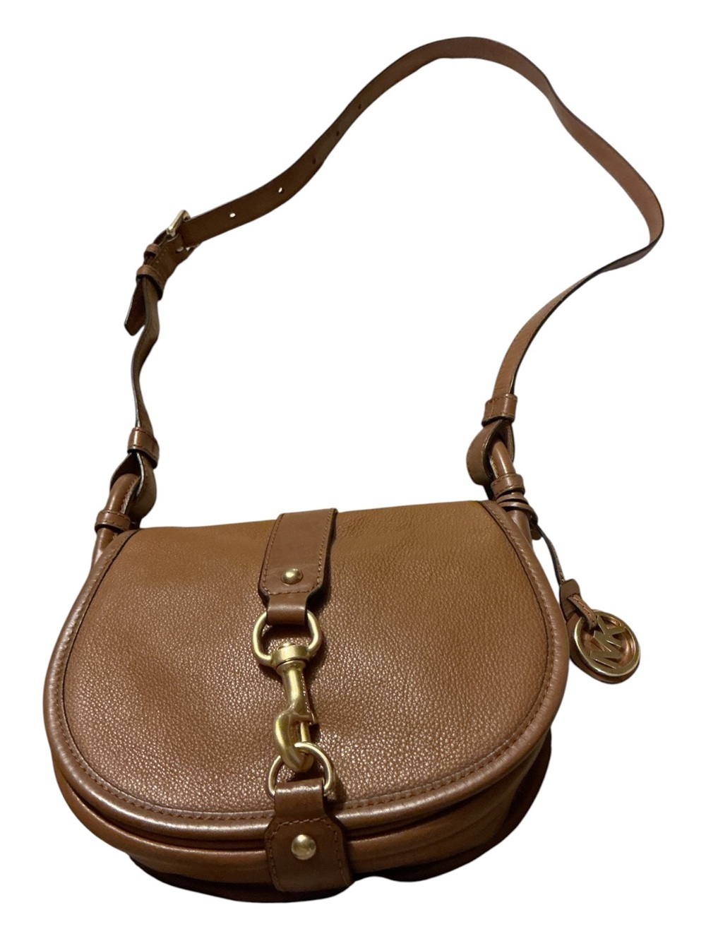 Michael Kors Brown Pebbled Leather Crossbody Saddle Bag with Gold Hardware